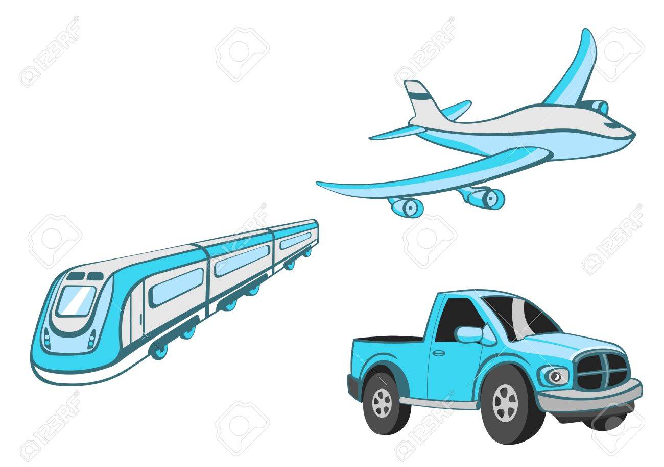 トランスポートの漫画のイラスト 面白い青車 電車 飛行機のセット