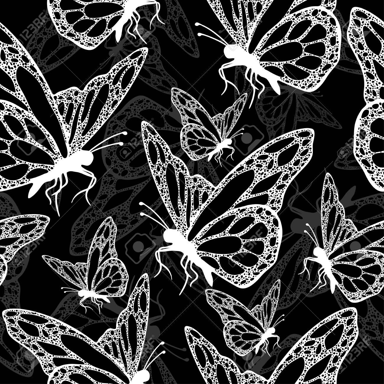 Butterflies Seamless Pattern Monochrome Coloring Book Black