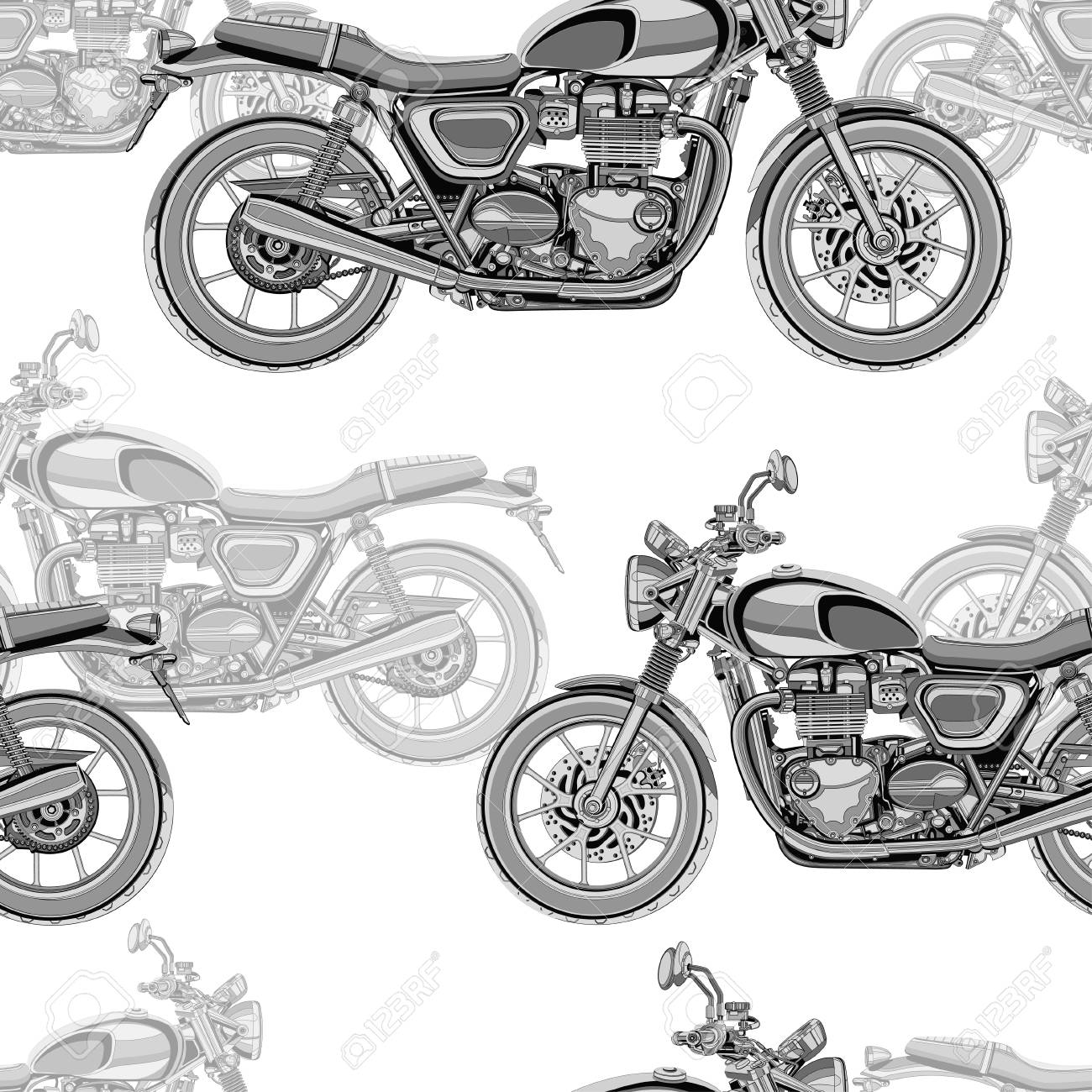 Motivo Di Moto Senza Soluzione Di Continuità Sfondo Vettoriale Illustrazione Monocromatica Motocicli In Bianco E Nero Con Molti Dettagli Su Uno