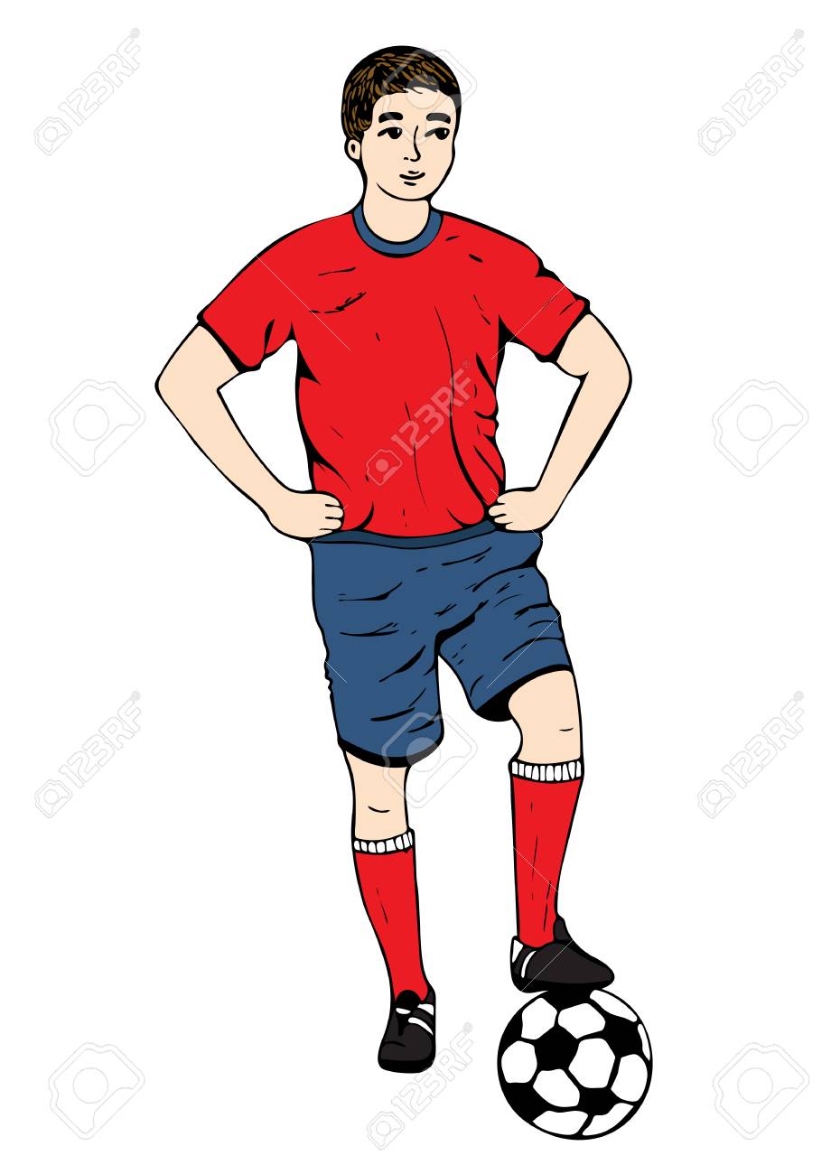 Futbolista, Dibujo A Mano Alzada. Jugador De Fútbol En Un Uniforme Rojo  Azul Con Una Pelota. Aislado Sobre Fondo Blanco Ilustración Vectorial  Ilustraciones Svg, Vectoriales, Clip Art Vectorizado Libre De Derechos.  Image