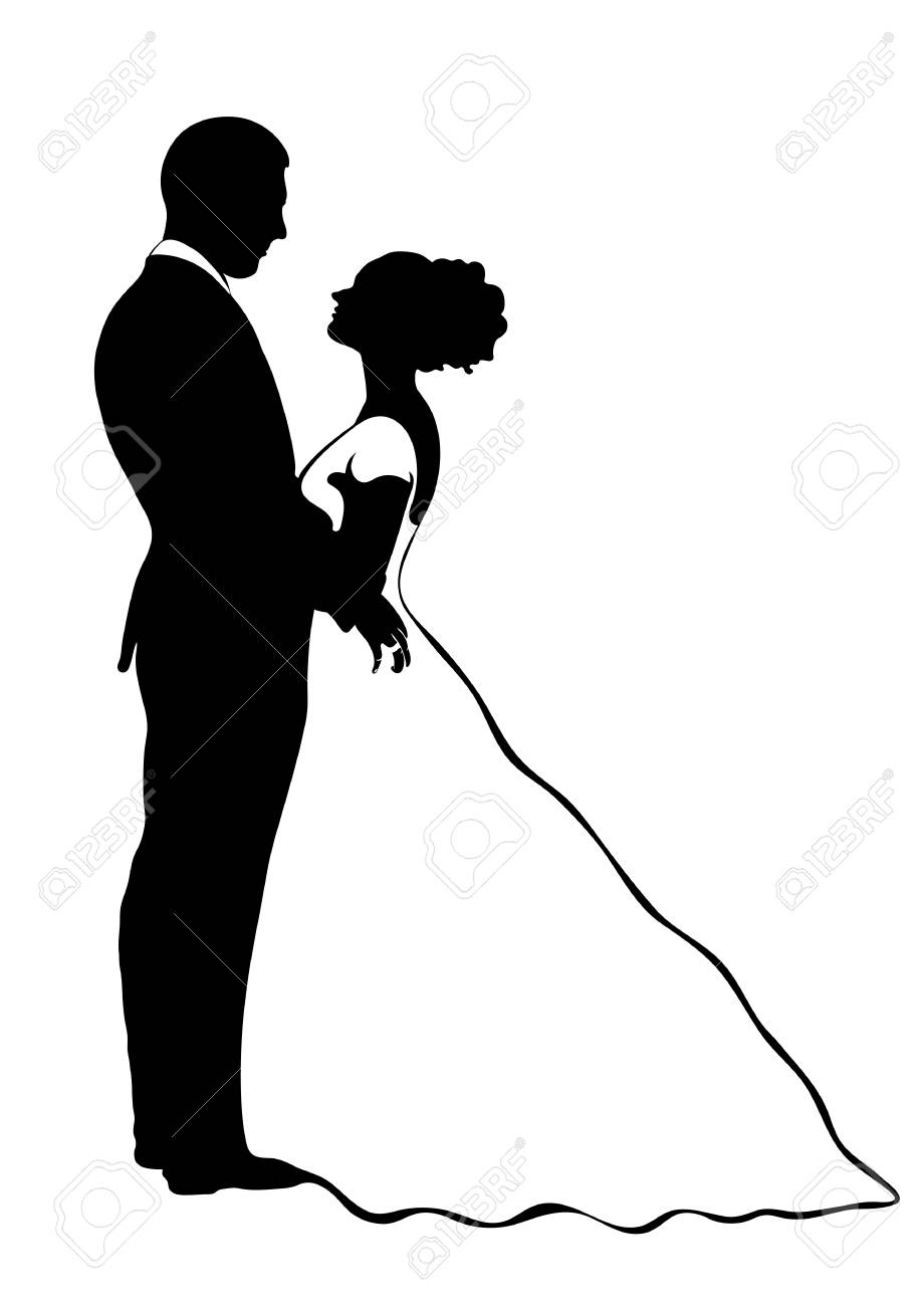 Bride And Groom Silhouette Vector Icon Contour Drawing Black