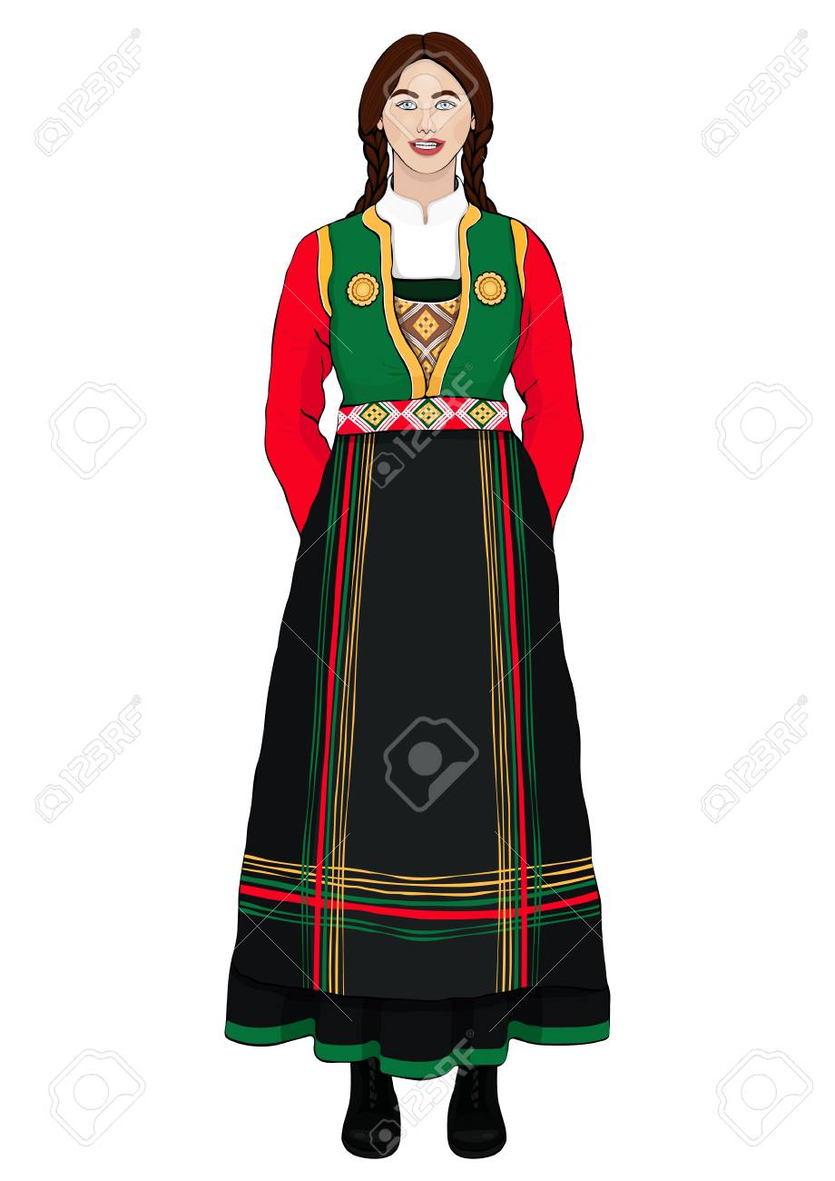 正面に立つイタリア民族衣装の女の子 ベクトル描き下ろし漫画の肖像画 長い三つ編みを持つブルネットの女性のフルレングスで 古代の伝統的なドレスで 白で隔離された のイラスト素材 ベクタ Image
