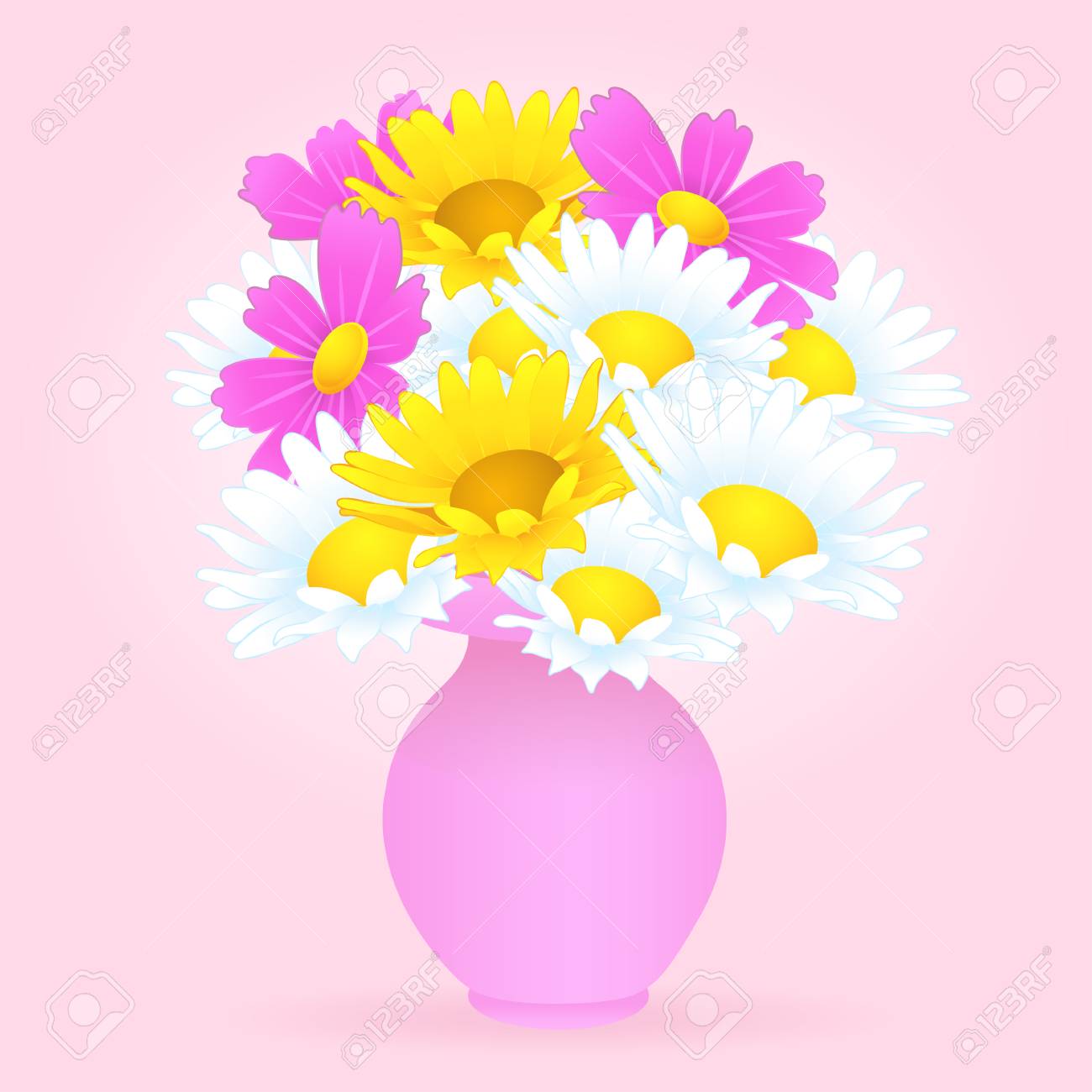 Bouquet Of Colorful Flowers In The Vase Vector Drawing Bright