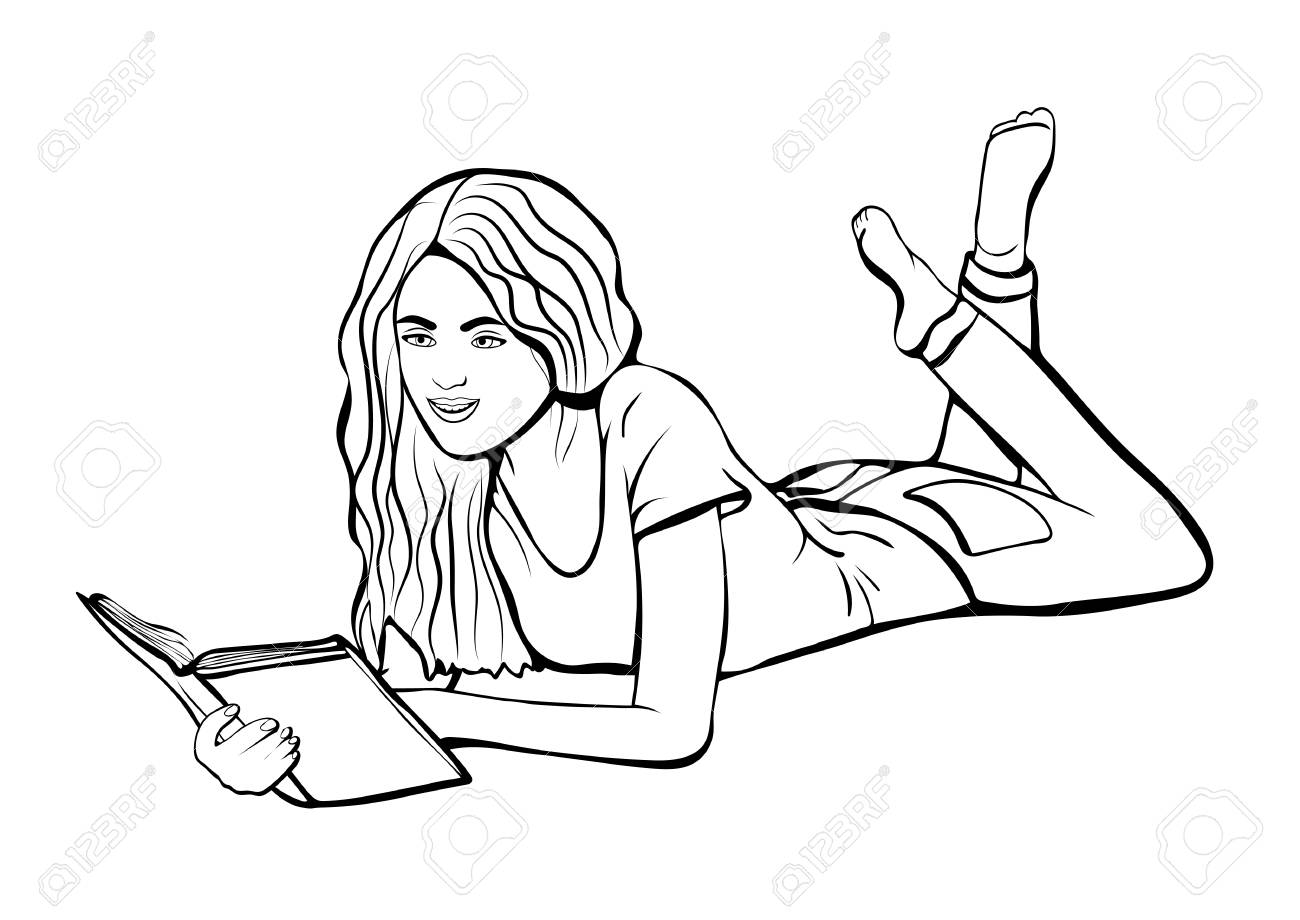 Girl With A Book Outline Drawing Coloring Sketch Contour