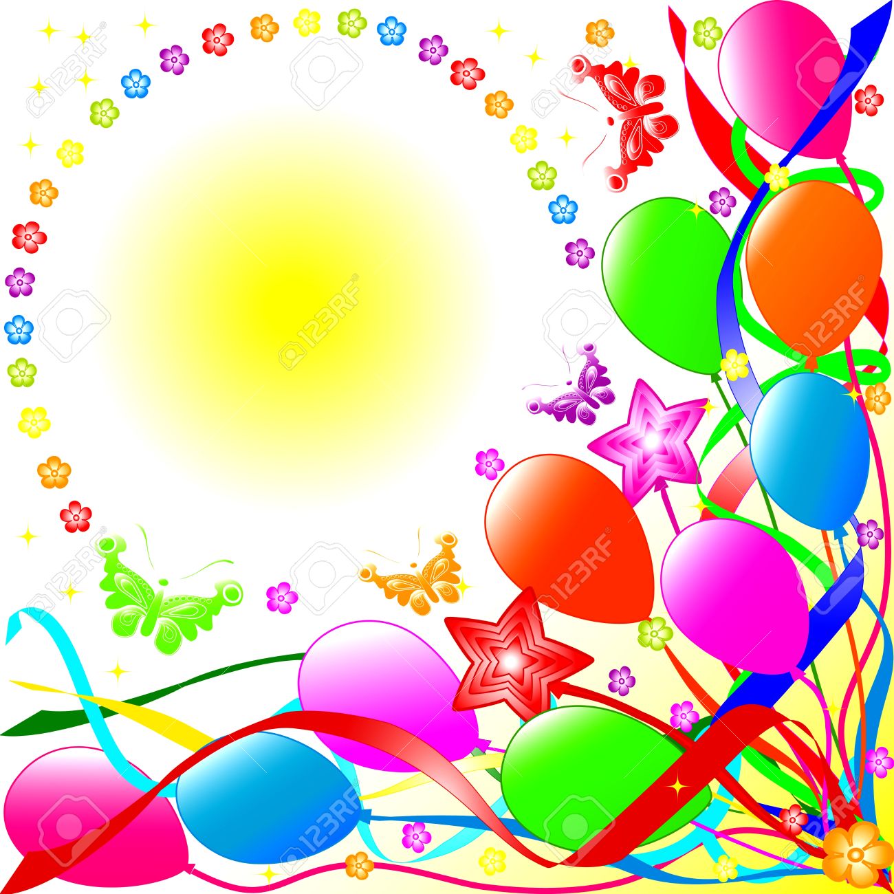 Colorful Birthday Background With Balloons, Ribbons, Butterflies, Flowers.  Vector Royalty Free SVG, Cliparts, Vectors, and Stock Illustration. Image  5447987., image size:1300x1300