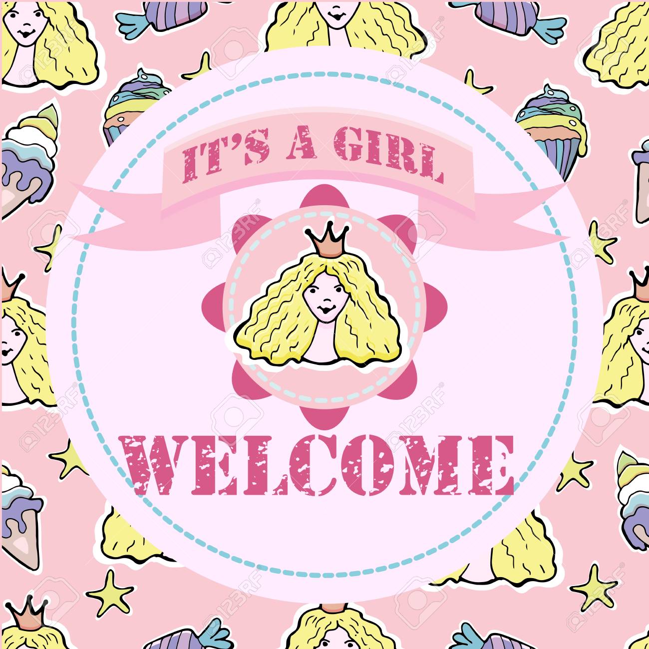 Vettoriale Baby Doccia E Biglietto Di Auguri Di Benvenuto Testo E Una Ragazza Benvenuto Piccola Principessa Cupcakes Gelato Caramelle Adesivi Illustrazione Vettoriale Image