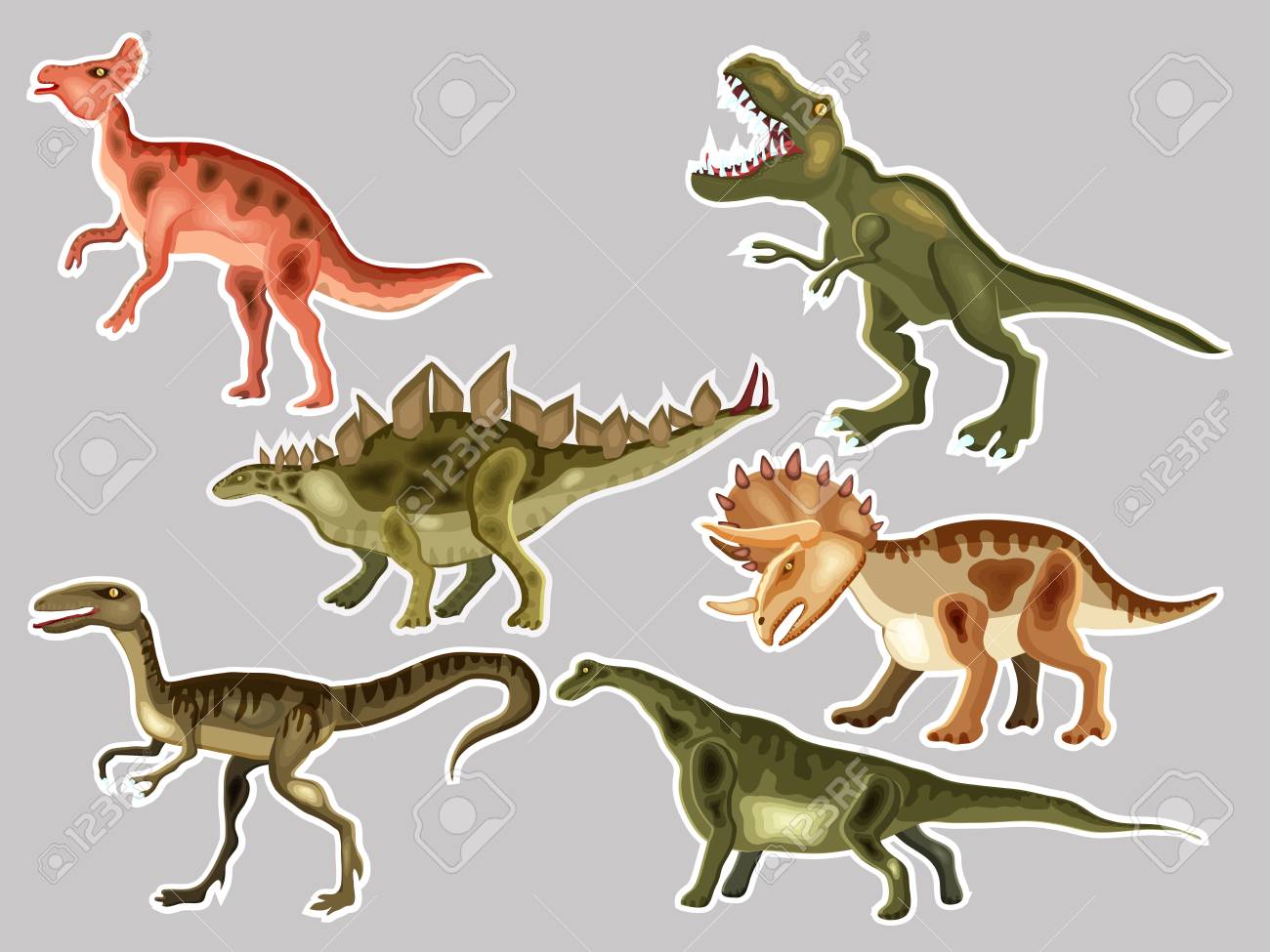 T-REX, Tyrannosaur, Velociraptor, Triceratops, Brontosaurus,  Parasaurolophus, Stegosaurus. Cute Vector Cartoon Set Of A Dinosaurs,  Patches And Stickers Collection. Royalty Free SVG, Cliparts, Vectors, and  Stock Illustration. Image 112305903., image size:1300x975
