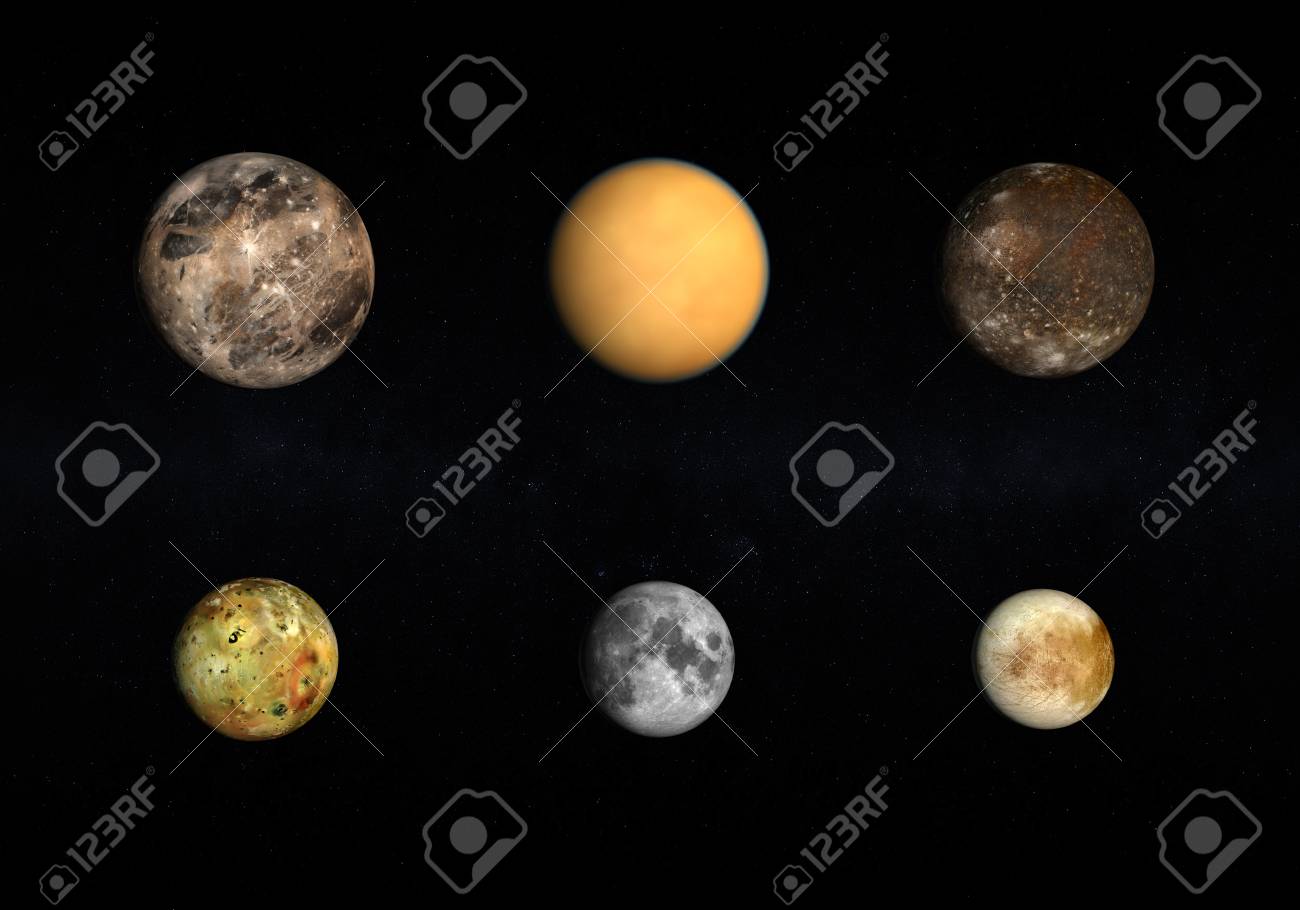 a rendered comparison between the jupitermoons the earth moon titan size