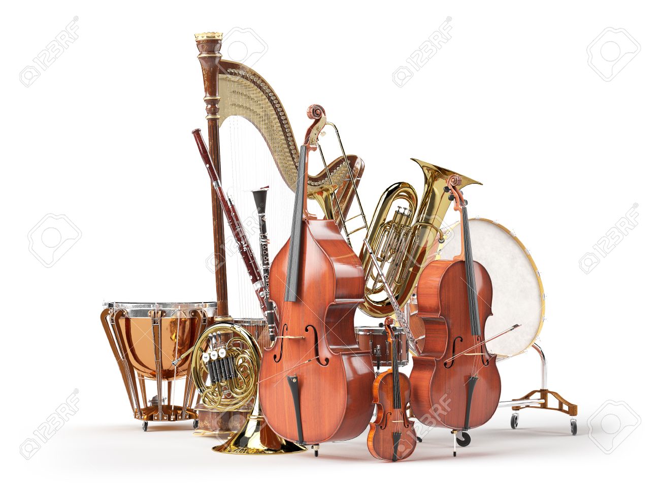 Orchestra musical instruments isolated on white. 3d render - 58115944 Orchestra musical instruments isolated on white. 3d render - 58115944