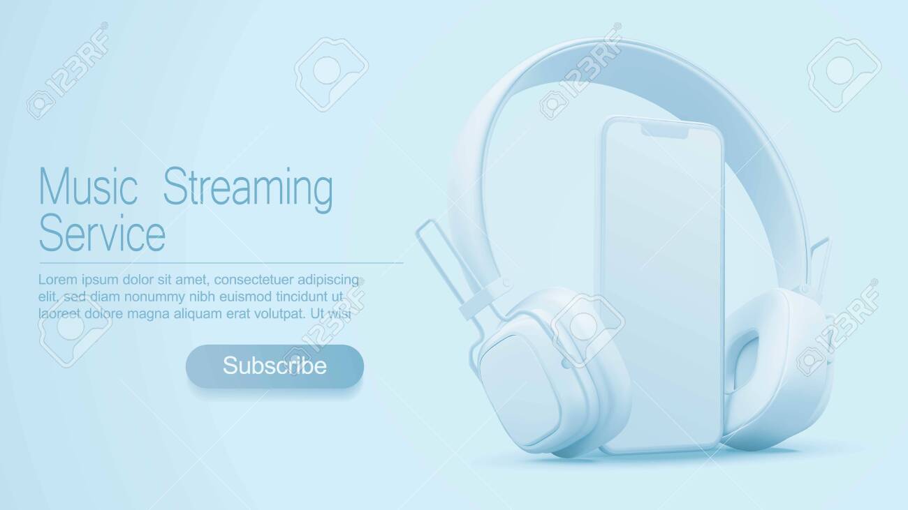 3D style headphones and smartphone on a light blue background, Concept banner design for music streaming service - 127977551 3D style headphones and smartphone on a light blue background, Concept banner design for music streaming service - 127977551