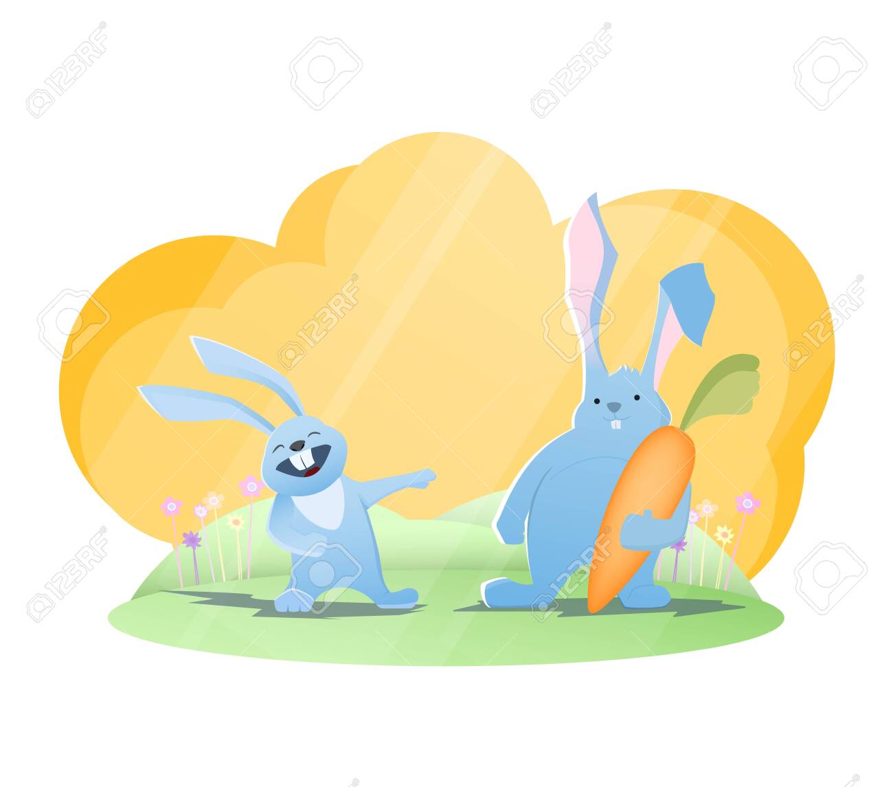 Funny rabbits. Rabbit laughing on another rabbit with huge carrot. Vector illustration - 133165163 Funny rabbits. Rabbit laughing on another rabbit with huge carrot. Vector illustration - 133165163
