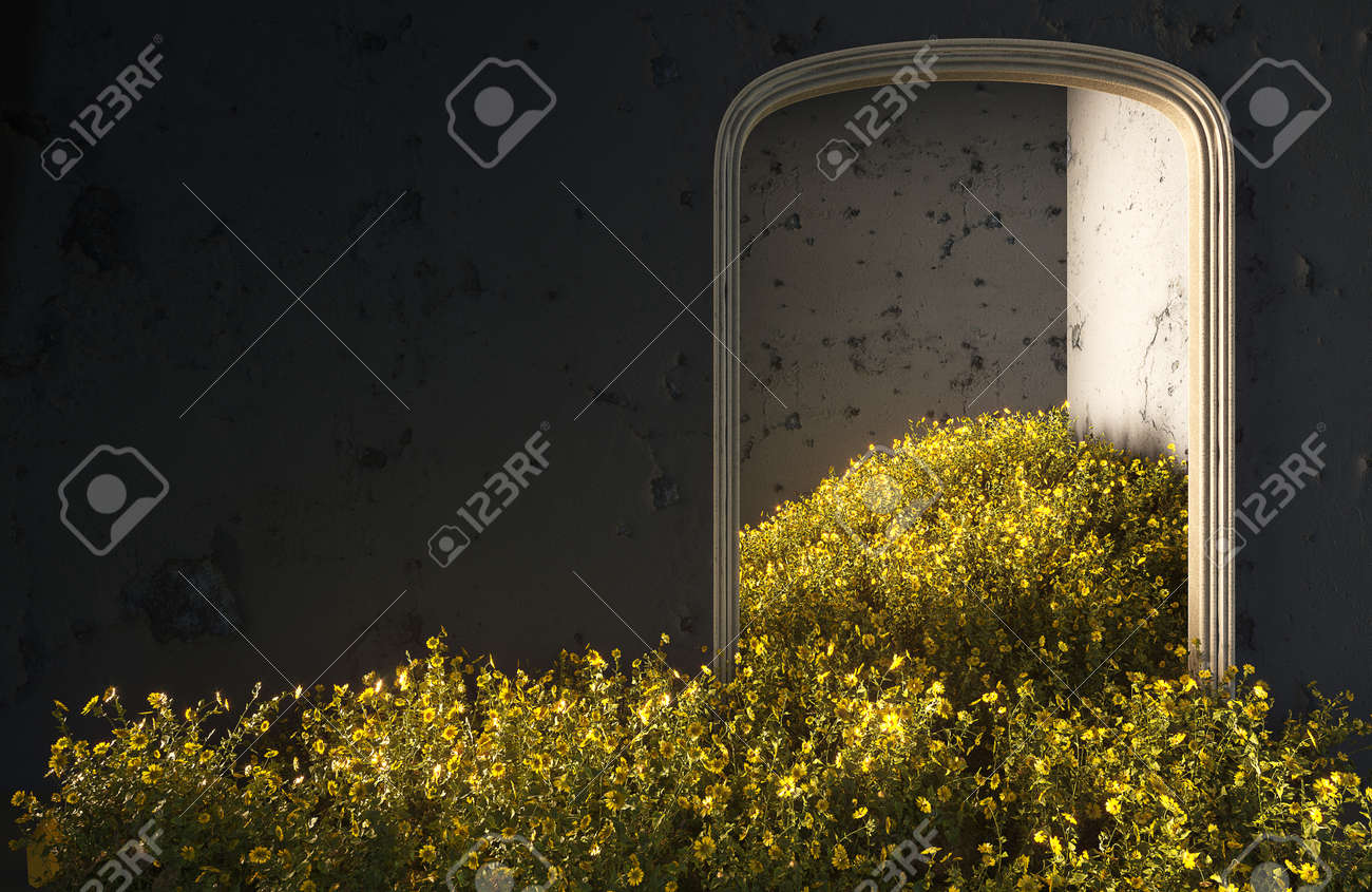 Wild field flowers fall in the room, abstract interior concept with copy space. 3d illustration - 167404363 Wild field flowers fall in the room, abstract interior concept with copy space. 3d illustration - 167404363