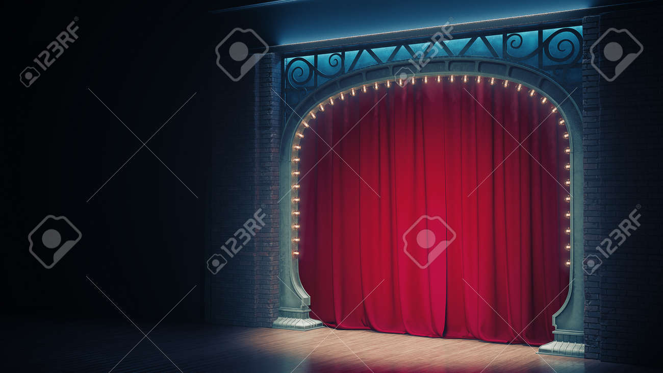 Dark empty cabaret or comedy club stage with red curtain and art nuovo arch. 3d render - 167404373 Dark empty cabaret or comedy club stage with red curtain and art nuovo arch. 3d render - 167404373