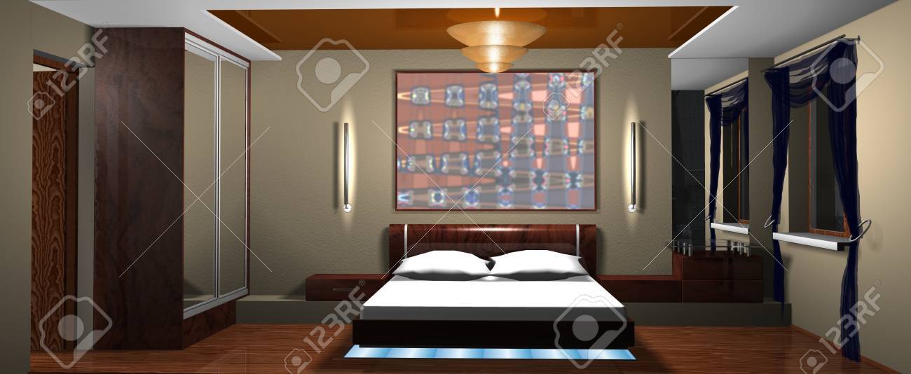 Bedroom Interior Showcase Including Bed Wardrobe Bedside Table