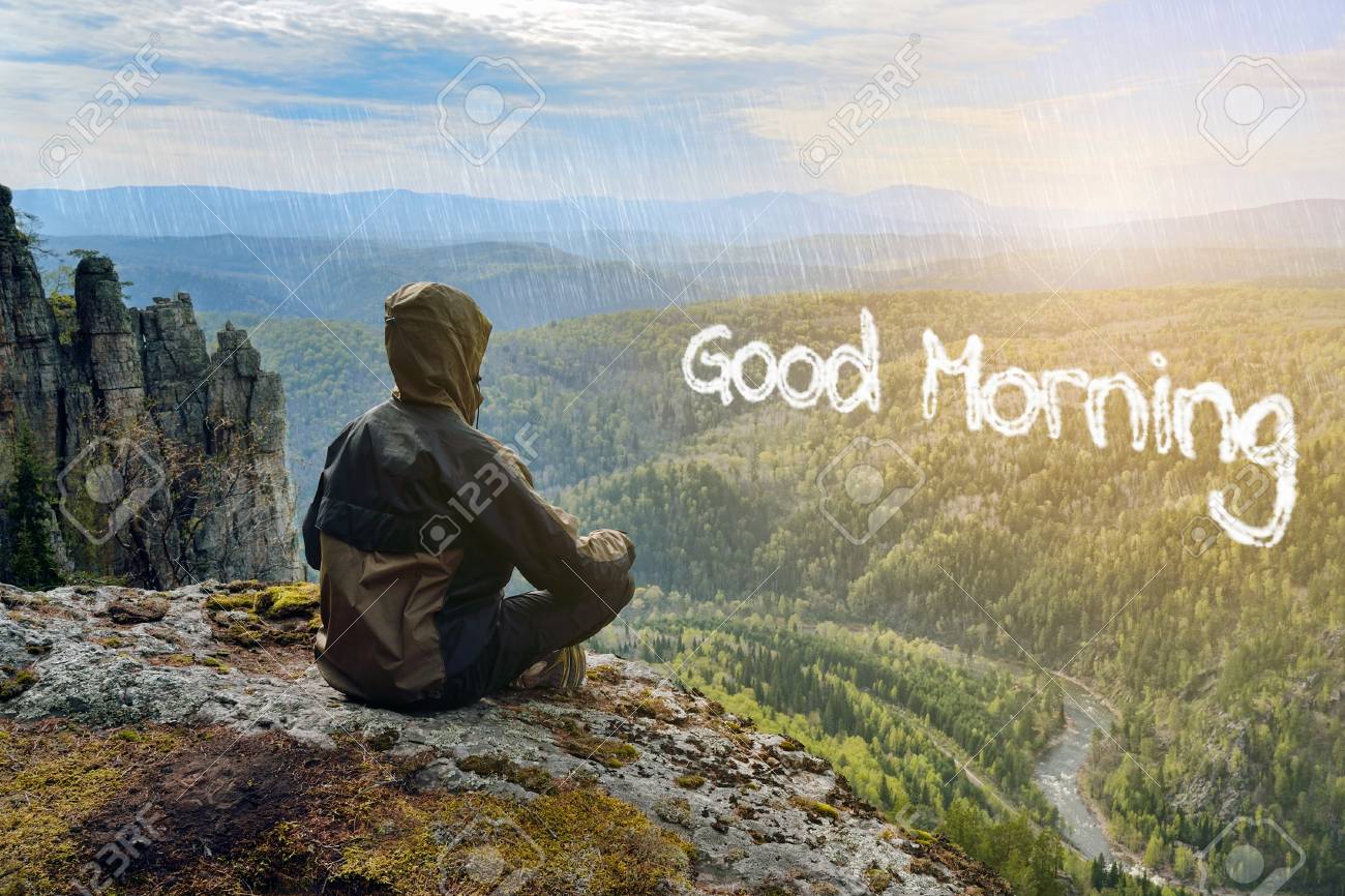 Man Hiker Sitting On Top Of Mountain Meeting Sunrise Good Morning