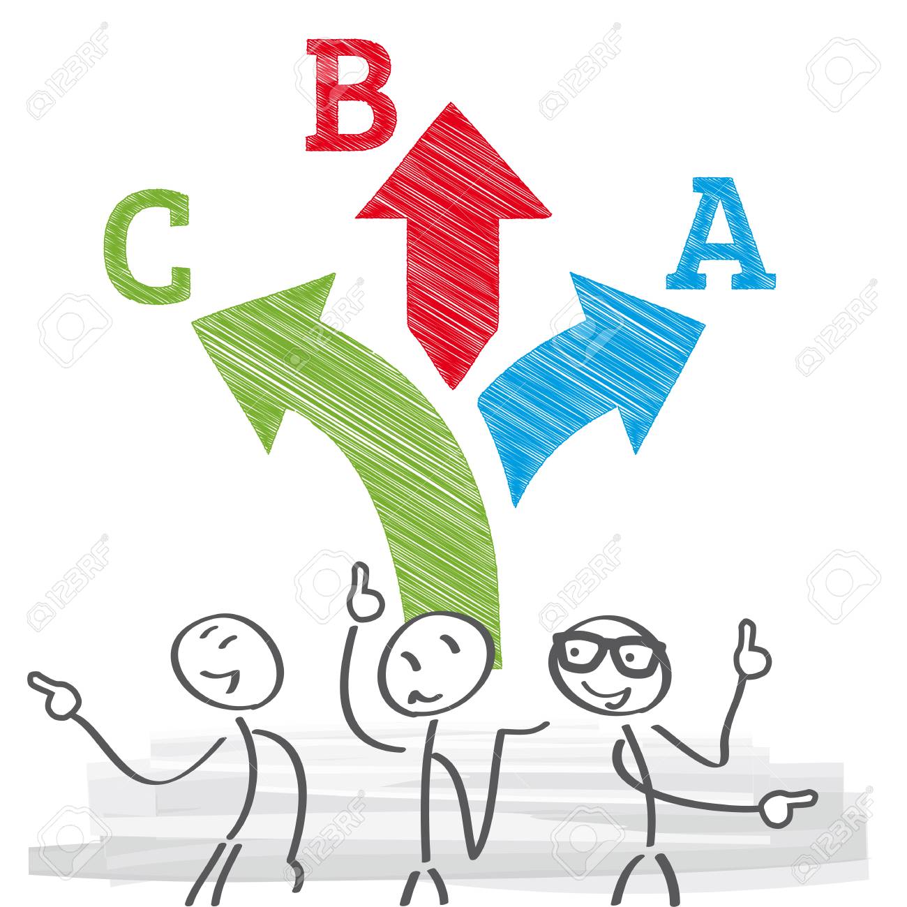 Businessmen giving advice with arrow pathway choice - businessmen having to choose between tree different choices. Vector Illustration with stick figures - 85549190 Businessmen giving advice with arrow pathway choice - businessmen having to choose between tree different choices. Vector Illustration with stick figures - 85549190