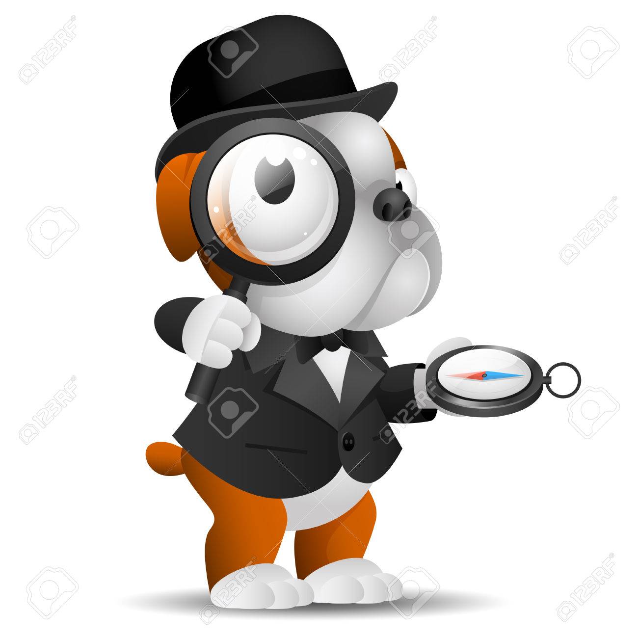 英語ブルドッグは 虫眼鏡とコンパスを保持しています のイラスト素材 ベクタ Image