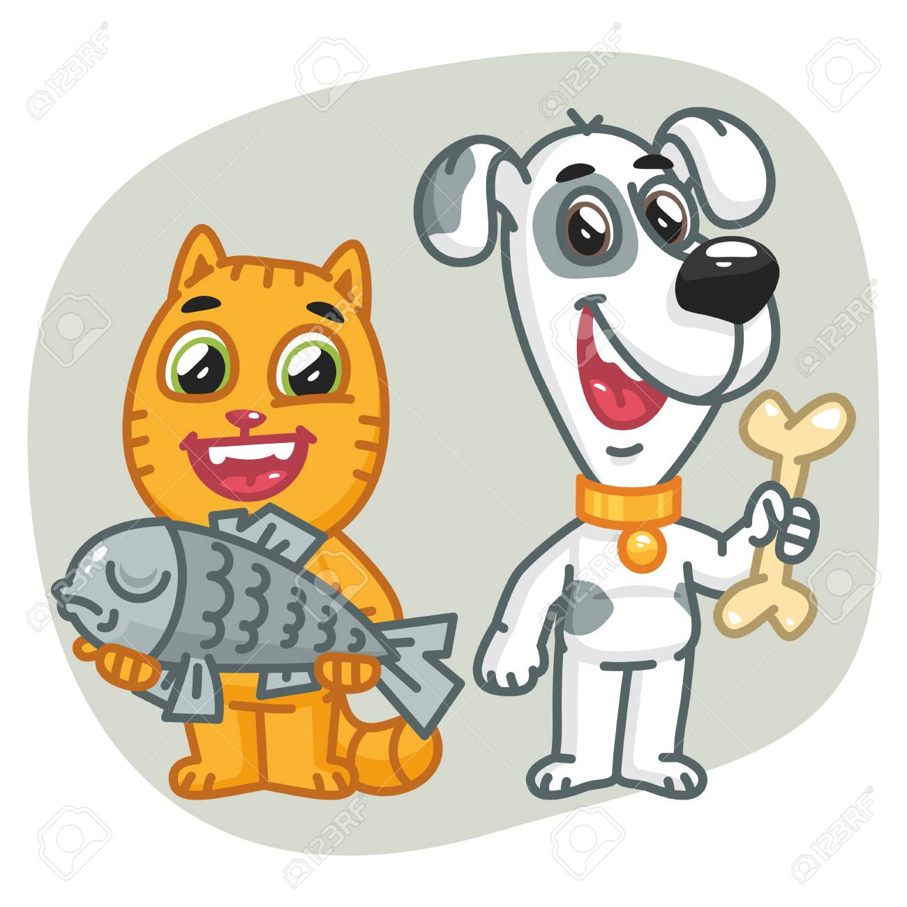 魚犬が骨をくわえているを持った猫 のイラスト素材 ベクタ Image