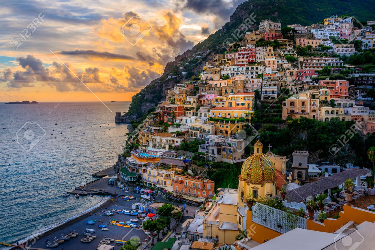 Sunset over Positano near Sorrento at Amalfi Coast in Italy - 59247040 Sunset over Positano near Sorrento at Amalfi Coast in Italy - 59247040