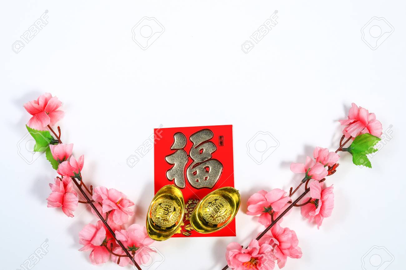 Décoration Du Nouvel An Chinois Avec Fleur De Cerisier Yuan Bao Et Mots Chinois Caligraphy De Fook Qui Signifie La Prospérité La Richesse