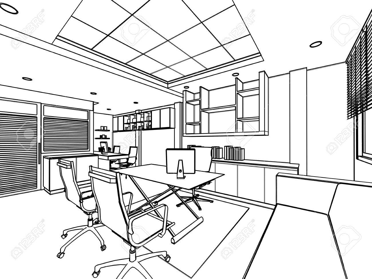 outline sketch drawing perspective of a interior space office stock perspective office