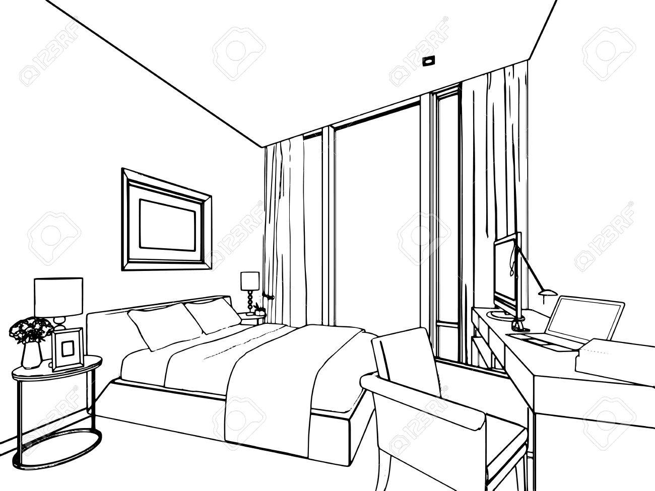 Outline Sketch Drawing Perspective Of A Interior Space