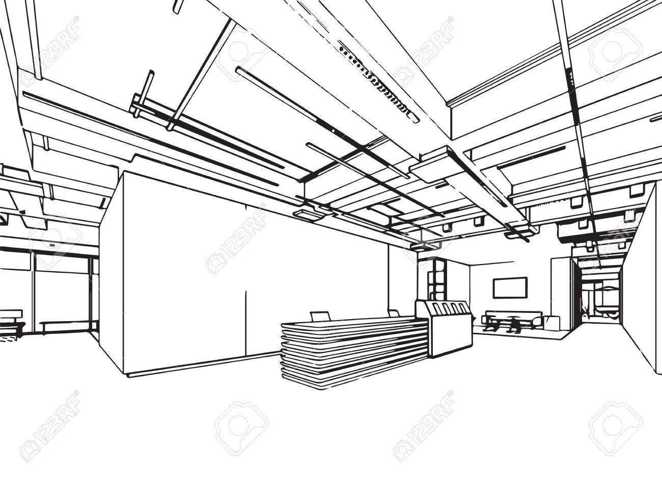 interior outline sketch drawing perspective of a space office