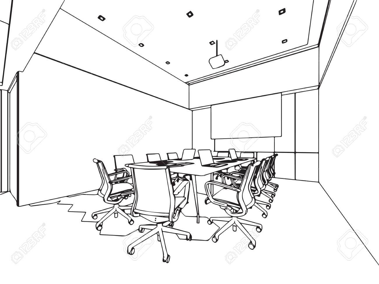 interior outline wireframe sketch drawing perspective office perspective office