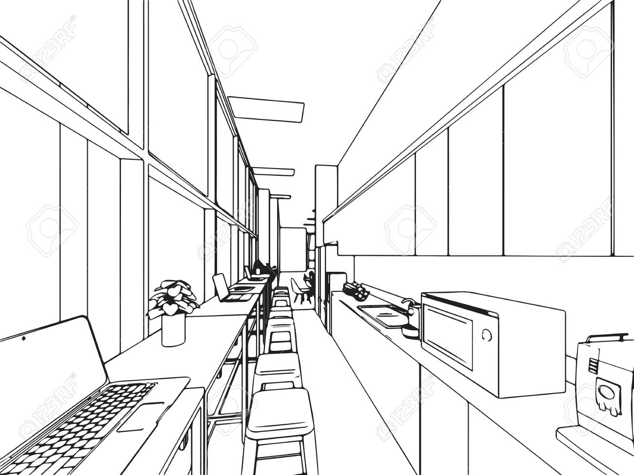 interior outline wireframe sketch drawing perspective office perspective office