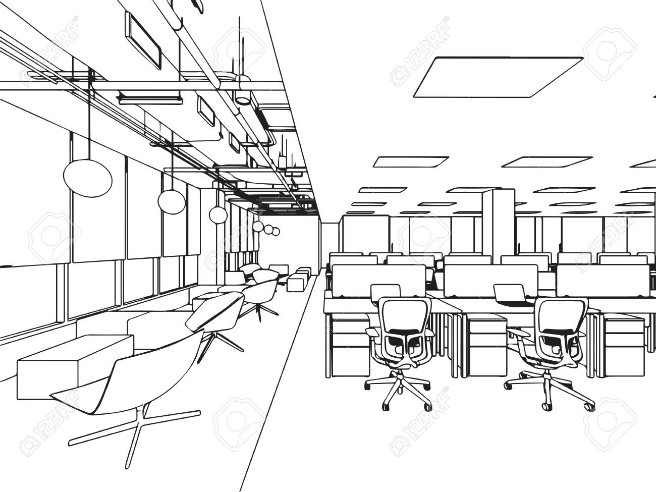 interior outline sketch drawing perspective office royalty free perspective office