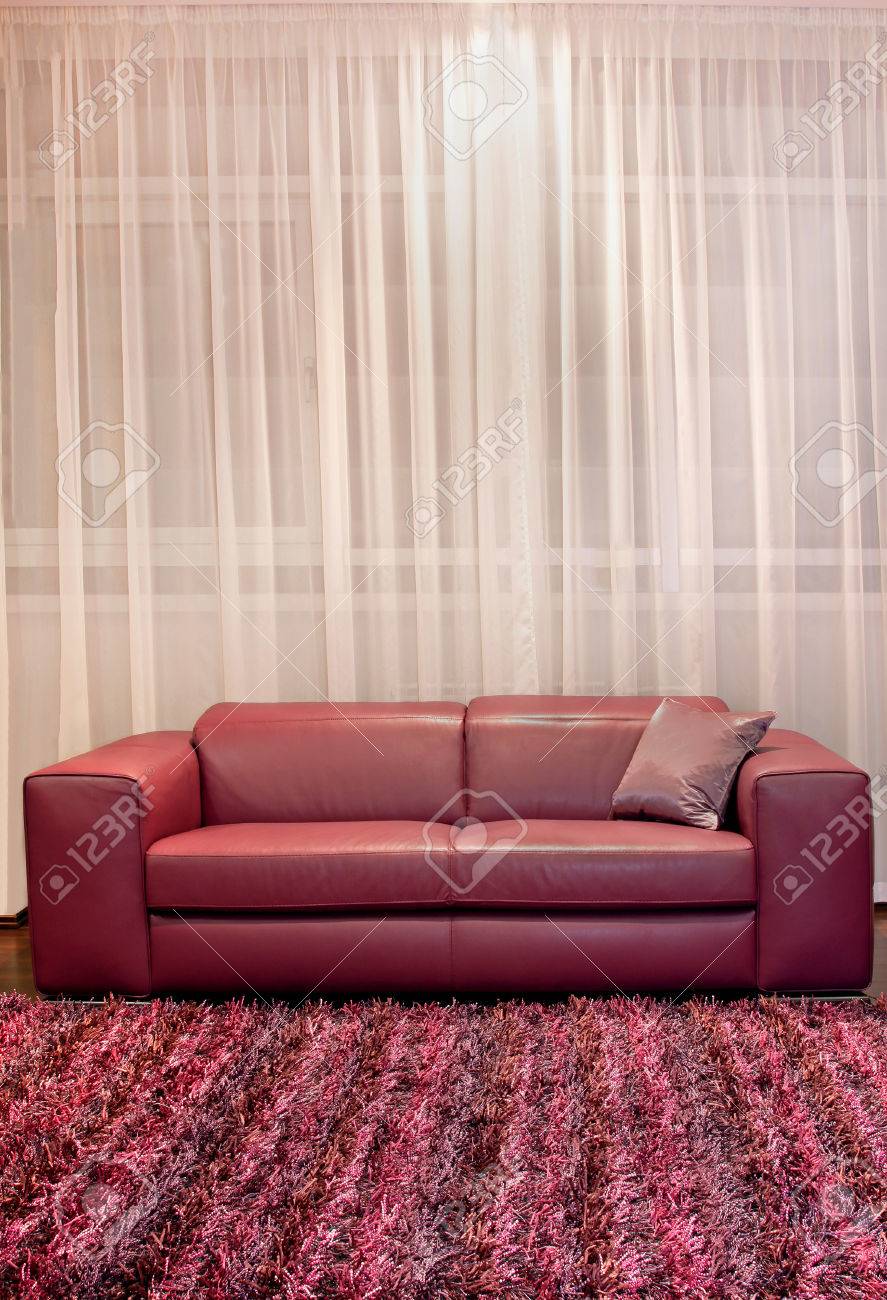 Modern Interior With Leather Burgundy Sofa And Carpet Stock Photo - Modern Interior With Leather Burgundy Sofa And Carpet Stock Photo