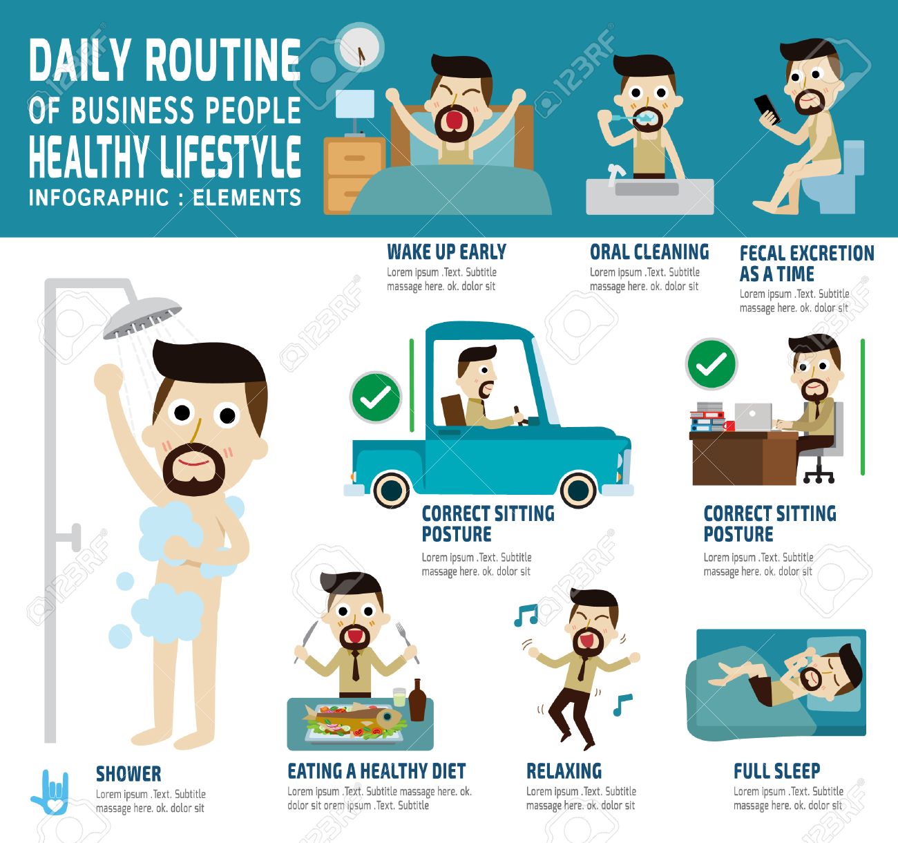 daily routine of happy business people infographic element health