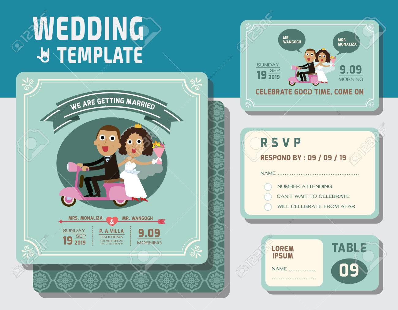 cute groom and bride character wedding invitation card template