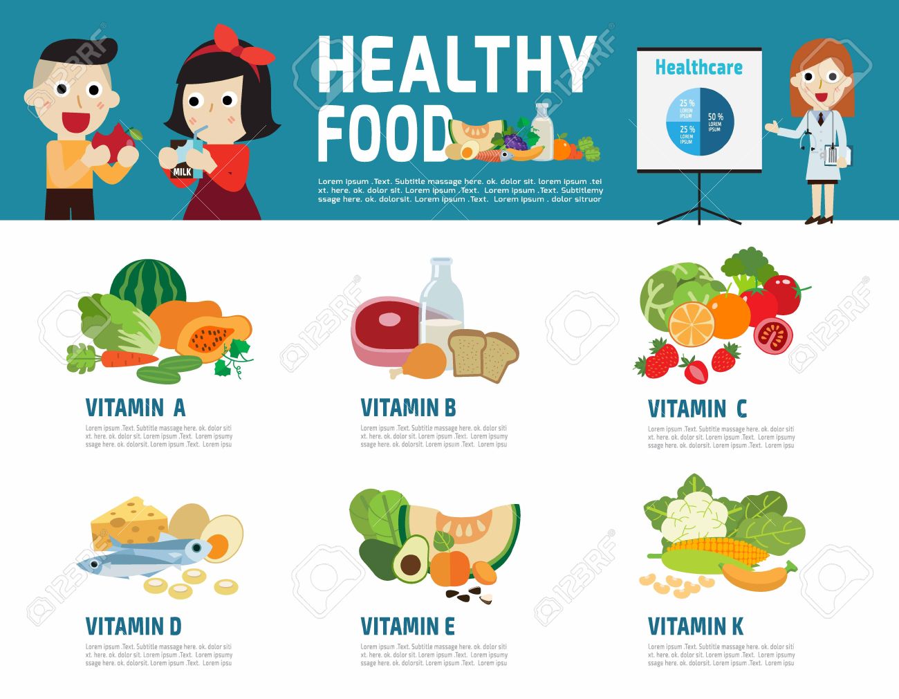 ビタミンやミネラルの食べ物イラストのセットです 健康食品のインフォ グラフィックの要素 医療コンセプト フラット ベクター デザイン ダイエット食品アイコン バナー Web チラシ パンフレットの白い背景に分離します のイラスト素材 ベクタ Image