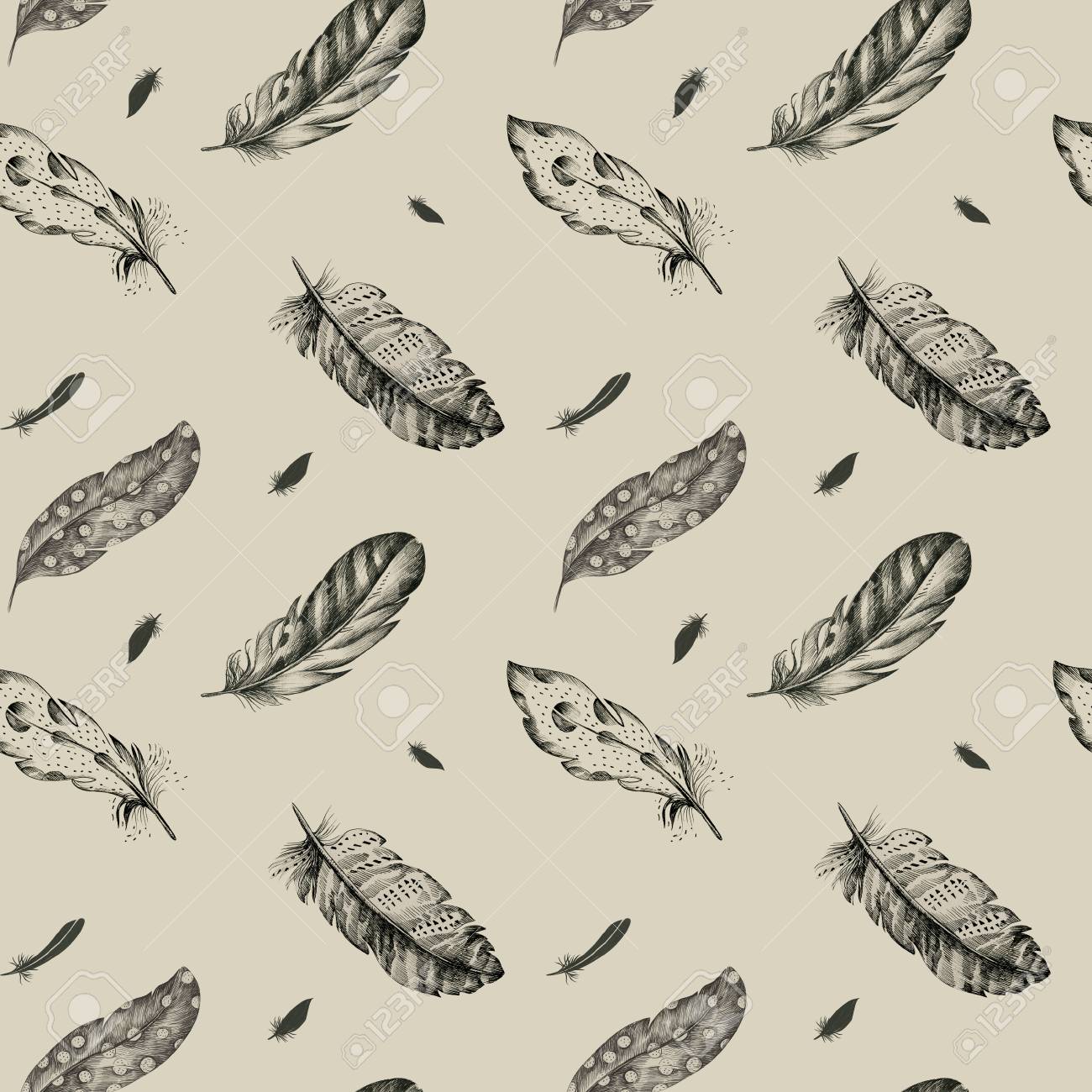 Vintage Motif Graphique Sans Soudure Avec Des Plumes Dessinés à La Main Voler Les Oiseaux Boho Arts De La Mode Fond Décran Décoration Animaux