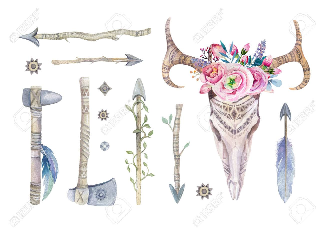 watercolor skull with flowers tomahawks arrows and feathers