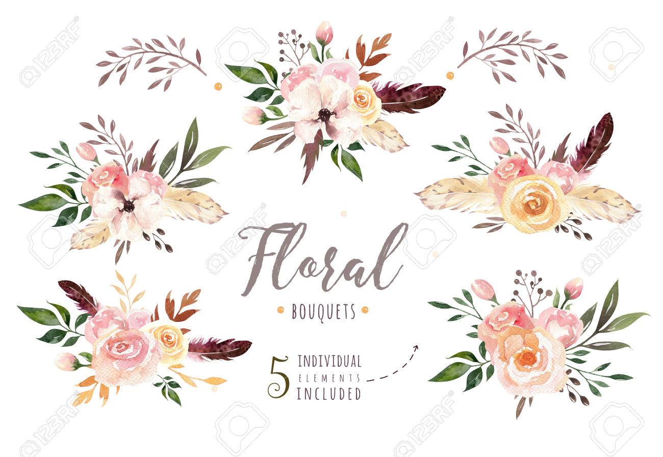 手書きは 自由奔放に生きる葉 枝 花と花のイラストを水彩画を分離しました ビンテージ スタイルの芸術の自由奔放な緑 ウェディング カードの要素 の写真素材 画像素材 Image