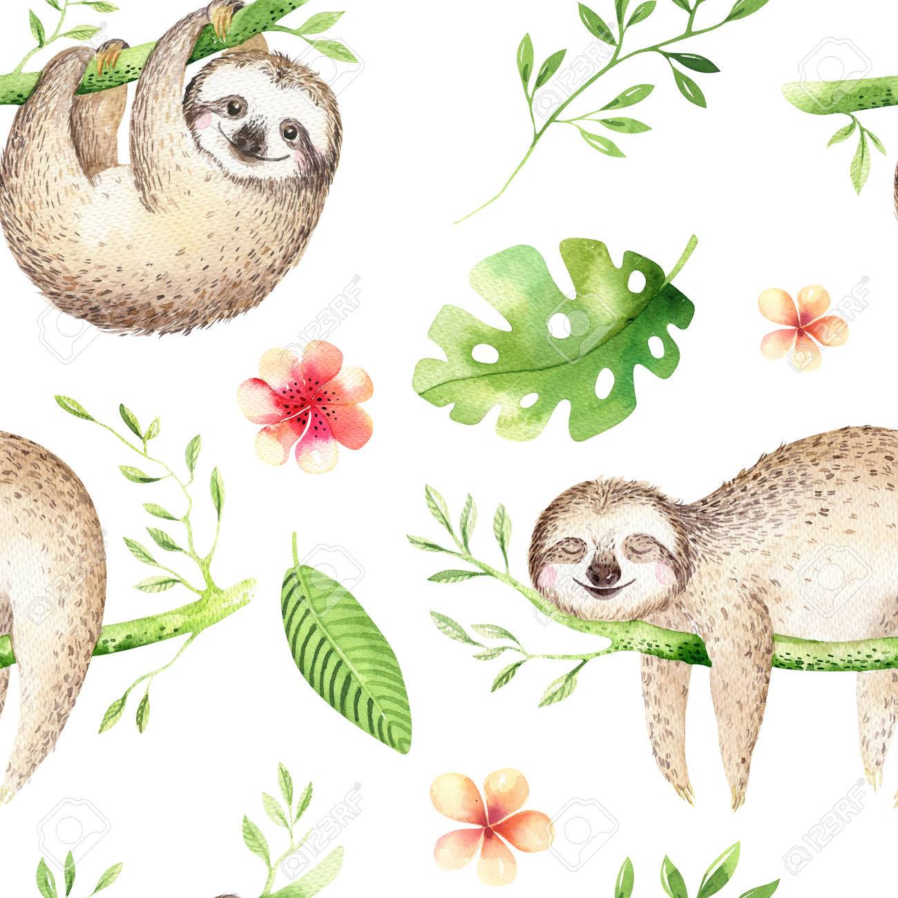 8x12 FT Sloth Vinyl Photography Backdrop,Cute Babies in Tropical Nature Theme Exotic Palm Tree Leaves Nursery Aloha Background for Baby Birthday Party Wedding Graduation Home Decoration