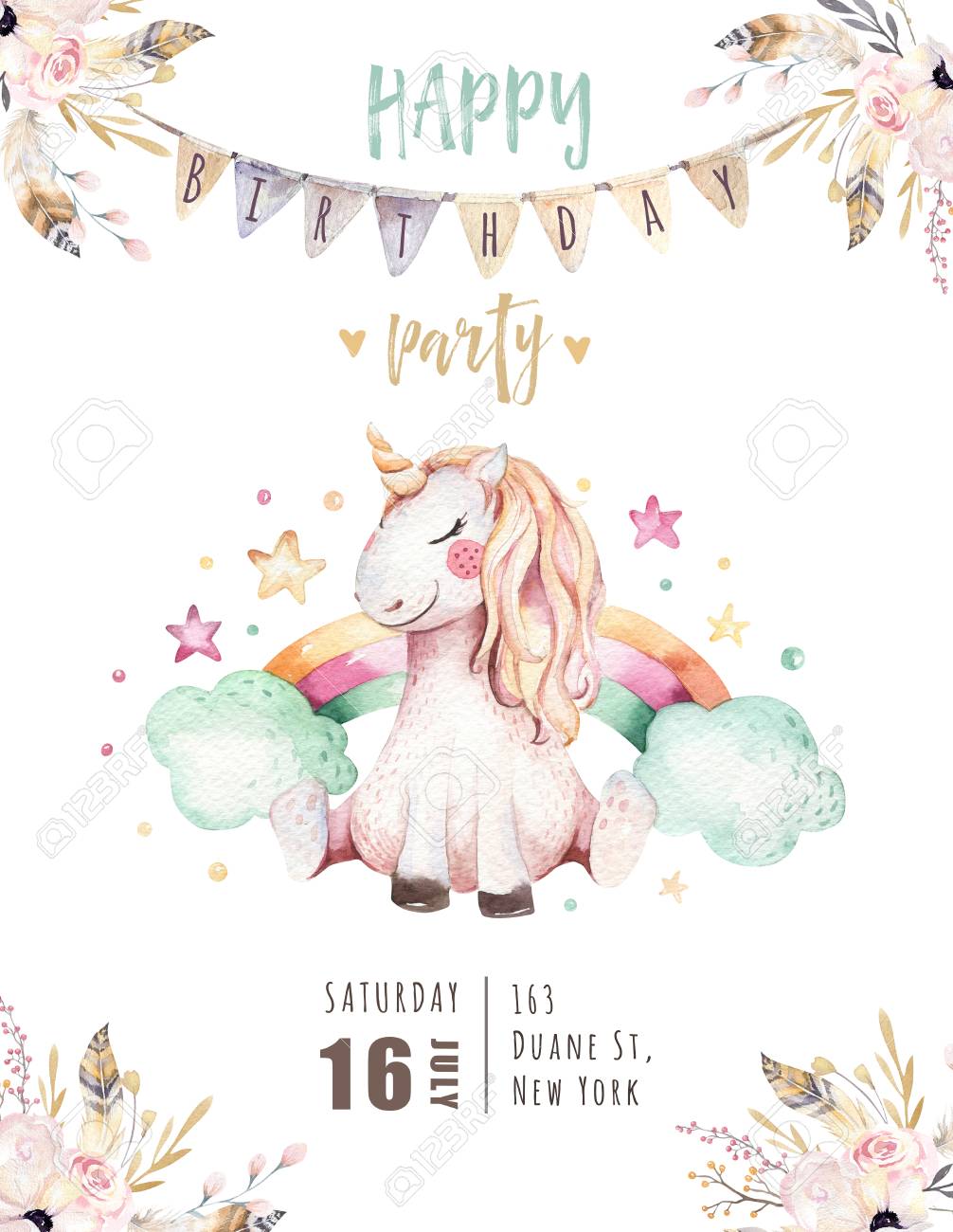 Isolated Cute Watercolor Unicorn Invitation Card Nursery Unicorns