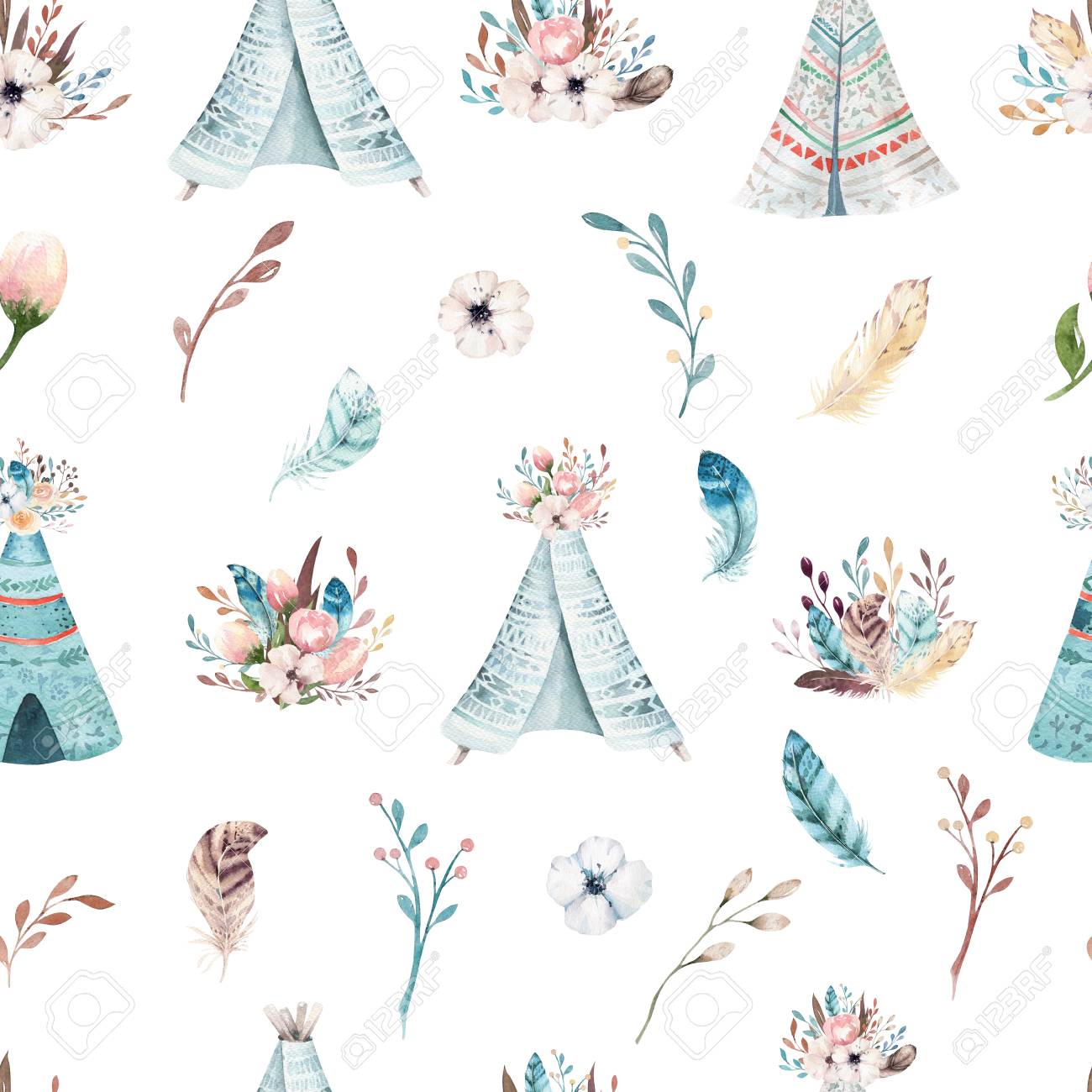 Seamless Boho Watercolor Wallpaper With Blossom Flowers And Leaves Stock Photo Picture And Royalty Free Image Image 96146898