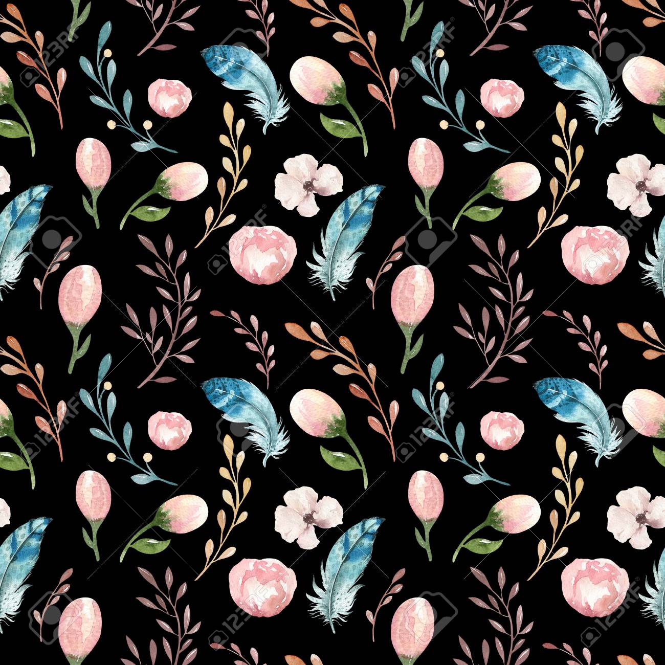 seamless boho watercolor wallpaper with blossom flowers and leaves