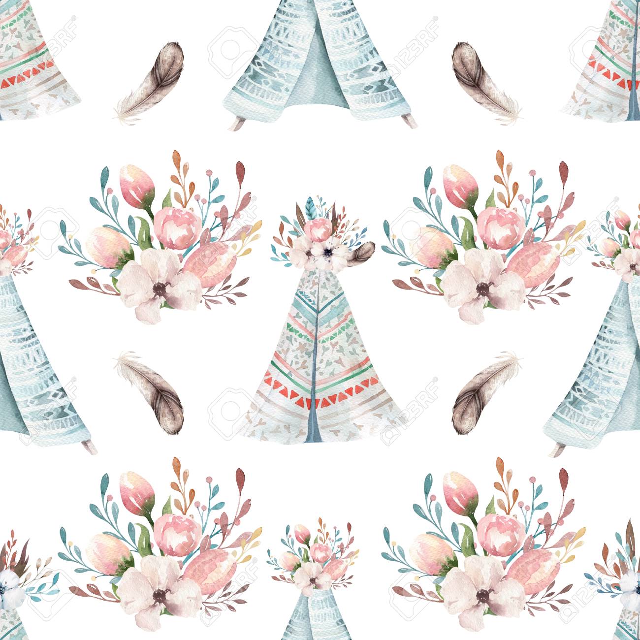 Seamless Boho Watercolor Wallpaper With Blossom Flowers And Leaves