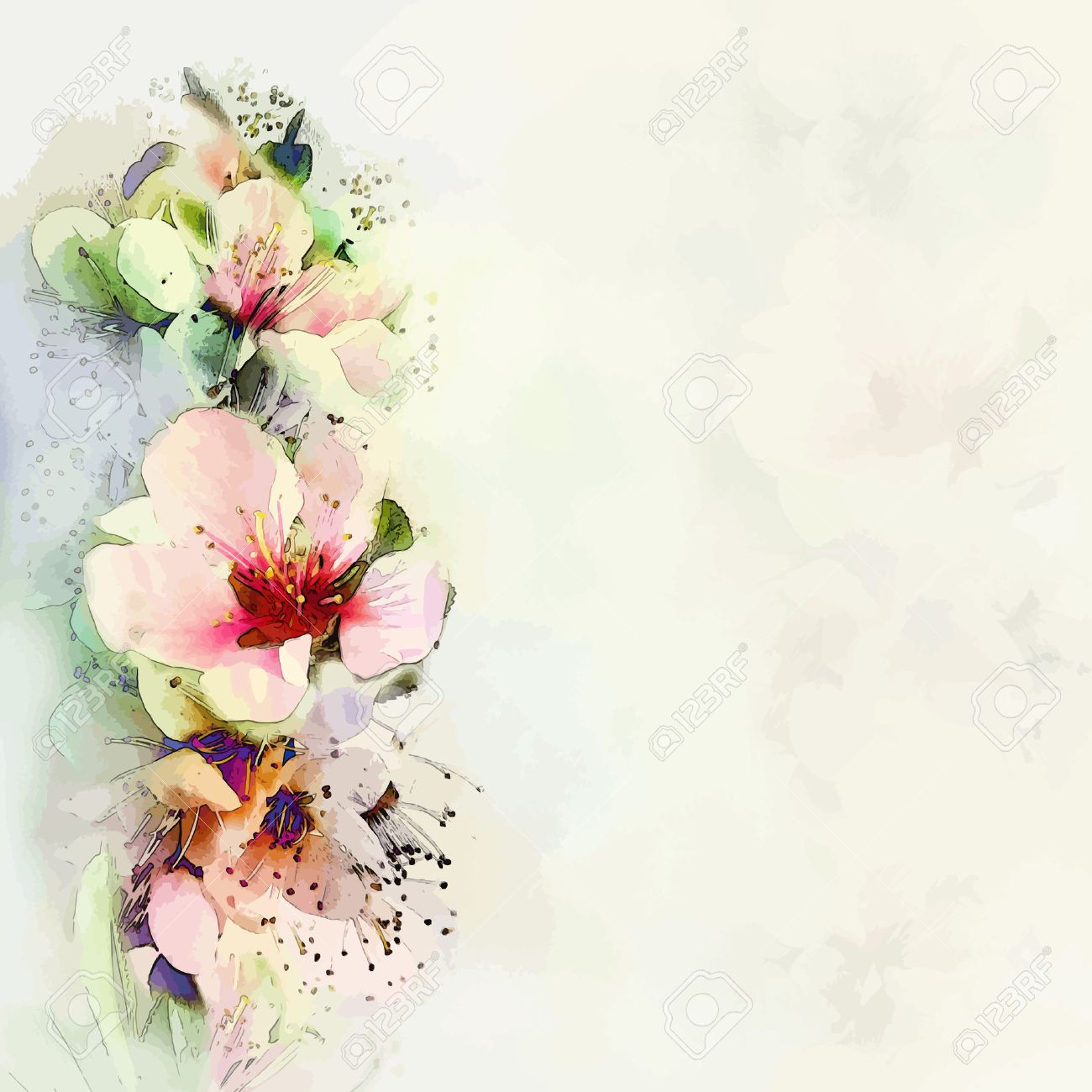 greeting floral card with bright spring flowers on haze background flower card background