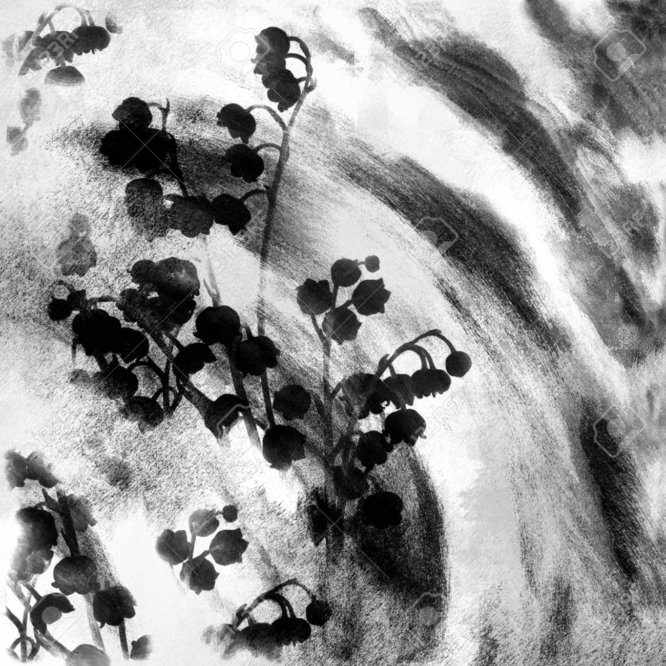 花白と黒グランジ ストライプし、様式化されたスズランとスケッチの