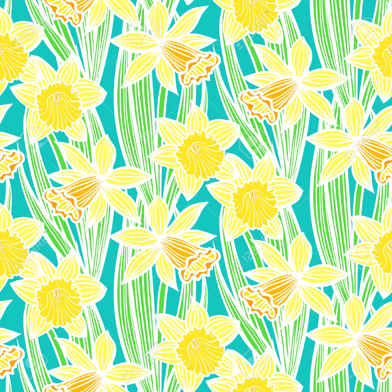 手描き下ろしビンテージ花柄ラッパスイセンまたはスイセンと シームレスなベクター印刷 壁紙 春夏ファッション 結婚式の招待カードの背景 ファブリック 繊維 ギフトの紙のテクスチャのイラスト素材 ベクタ Image