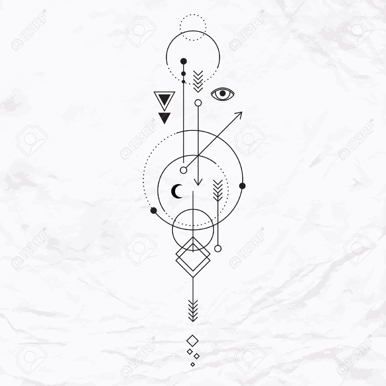 幾何学的図形 三角形 シェブロン 矢印 円 点と錬金術など古代フリーメーソンのシンボル 目 月 惑星の軌跡と抽象的な神秘的な記号 現代マジック クラフトのベクトル イラストのイラスト素材 ベクタ Image