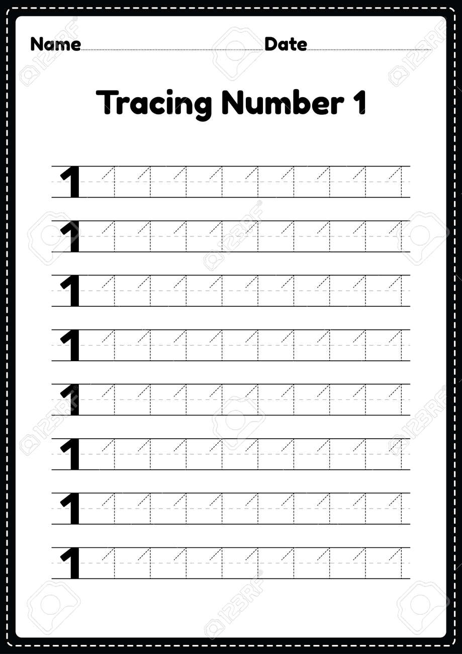 Tracing Number 1 Worksheet For Kindergarten And Preschool Kids For  Educational Practice In A Printable Page. Royalty Free SVG, Cliparts,  Vectors, and Stock Illustration. Image 166165502., image size:919x1300