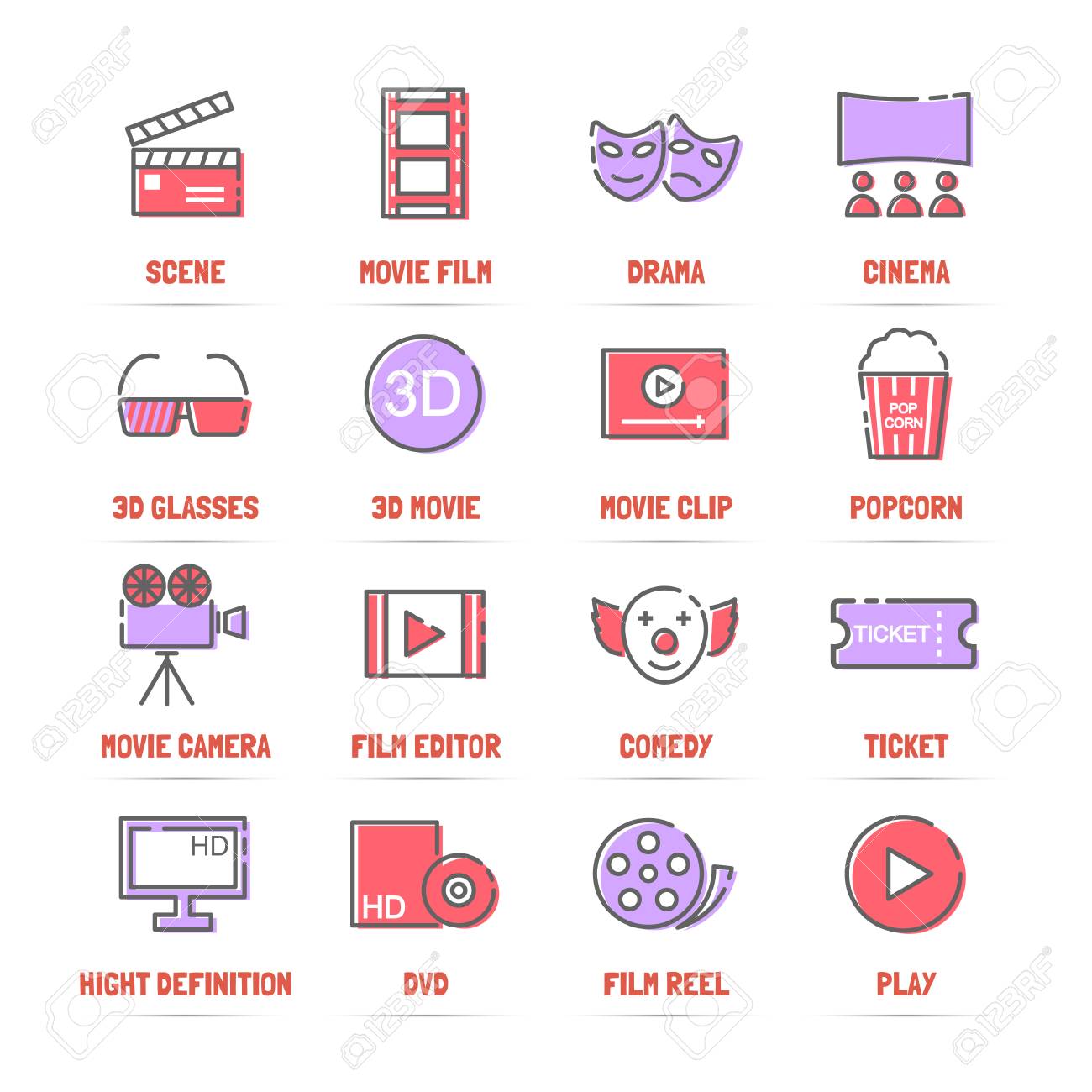 movie vector line icons with flat colors minimal pictogram design