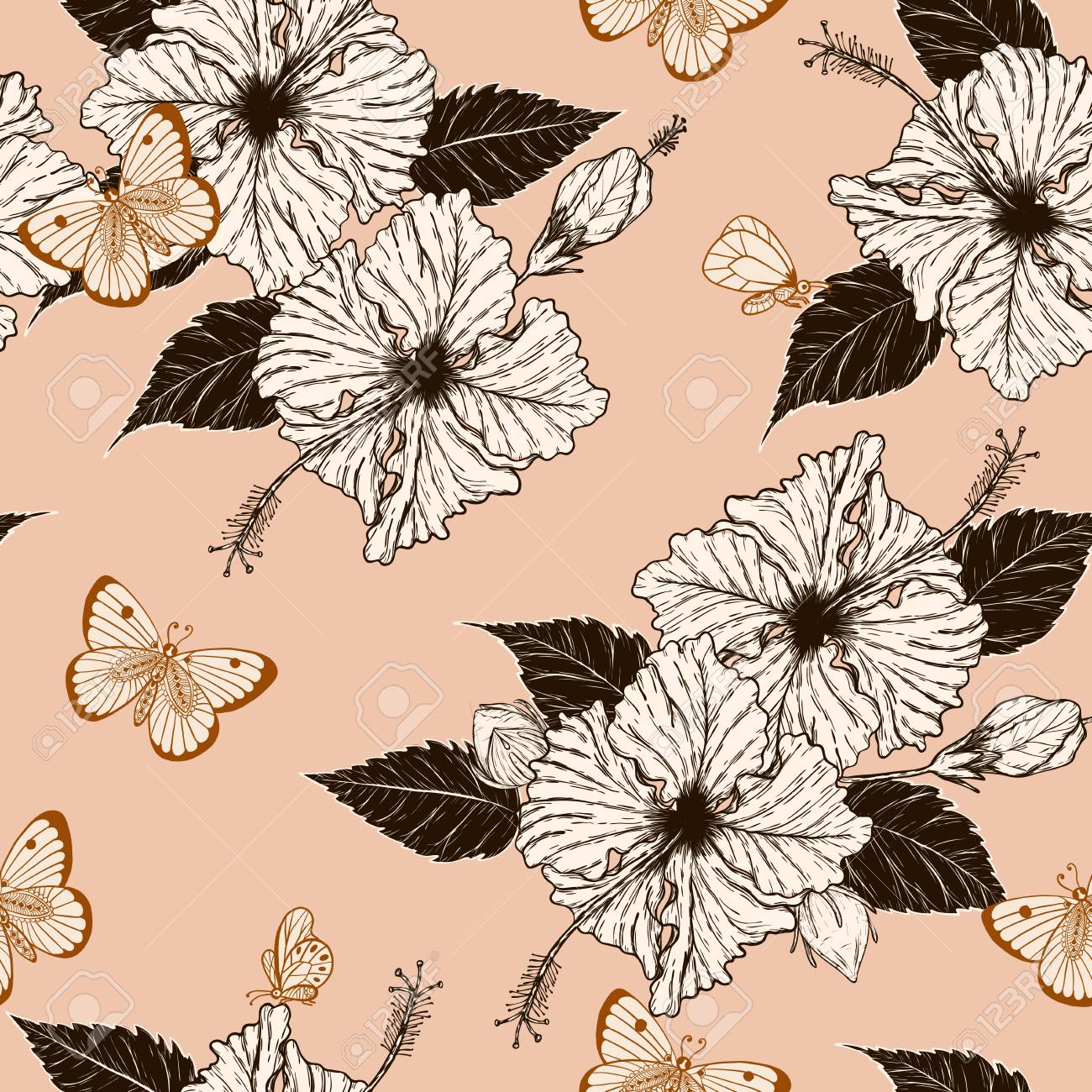 手描きによる蝶とハイビスカスの花柄 ラインアートスタイルで非常に詳細なタトゥーアート バティッククロスに魚と花のシームレスなパターン のイラスト素材 ベクタ Image