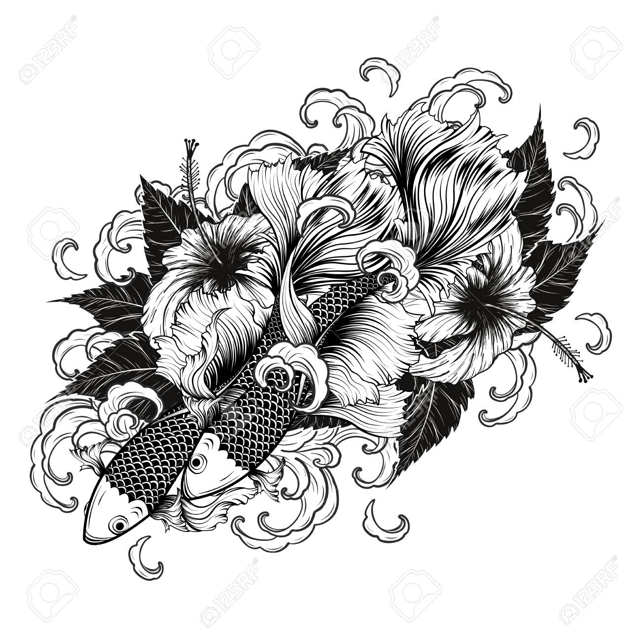 Carp Fish And Hibiscus Tattoo By Hand Drawing Tattoo Art Highly